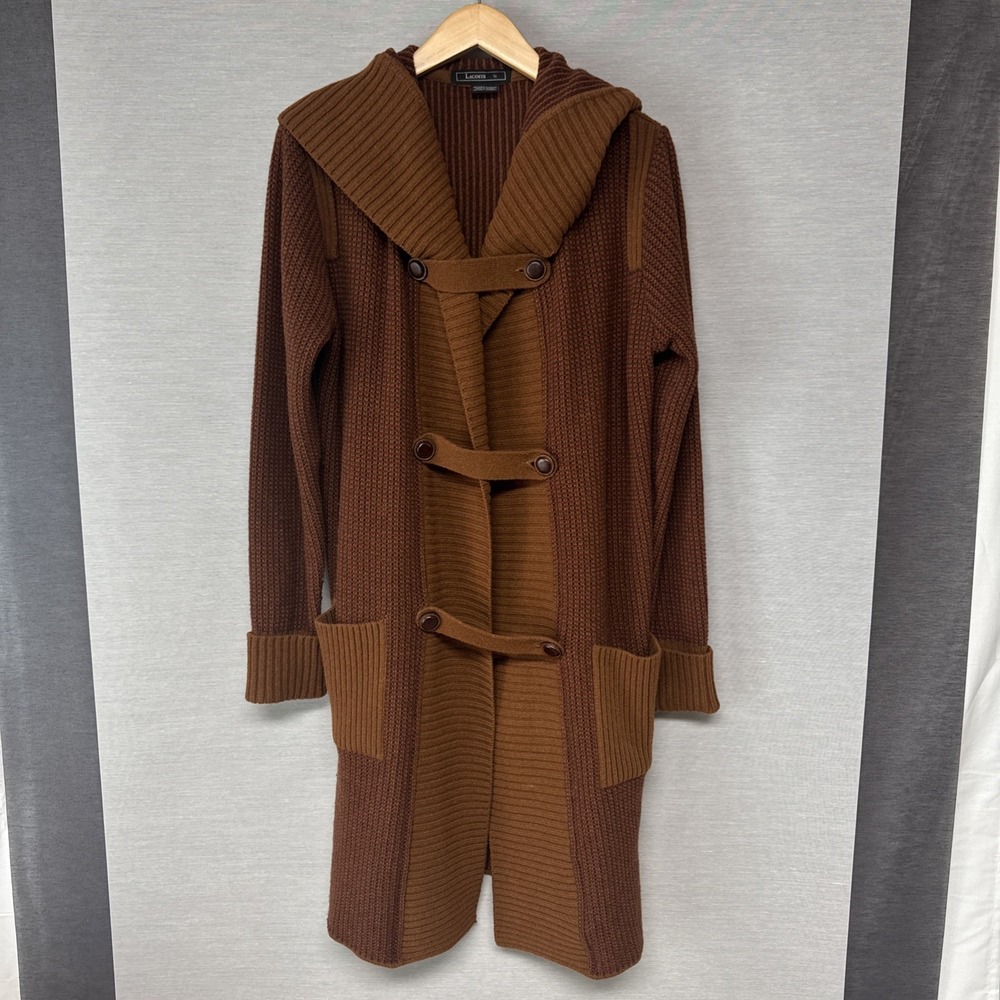 Unusual Vtg Lacoste Wool Long Hooded Cardigan Coatigan Sweater - One Size Brown